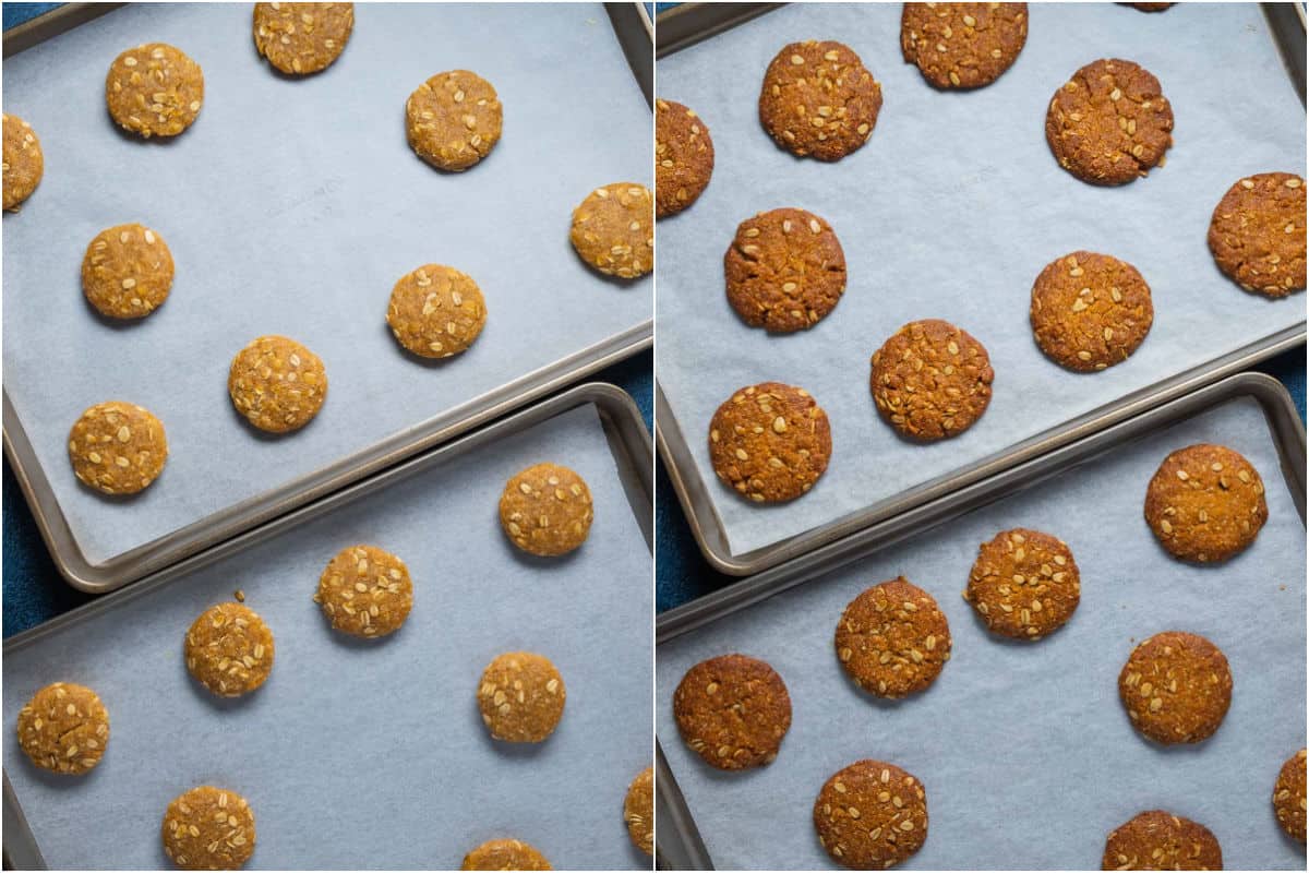 Two photo collage showing anzac biscuits before and after baking.