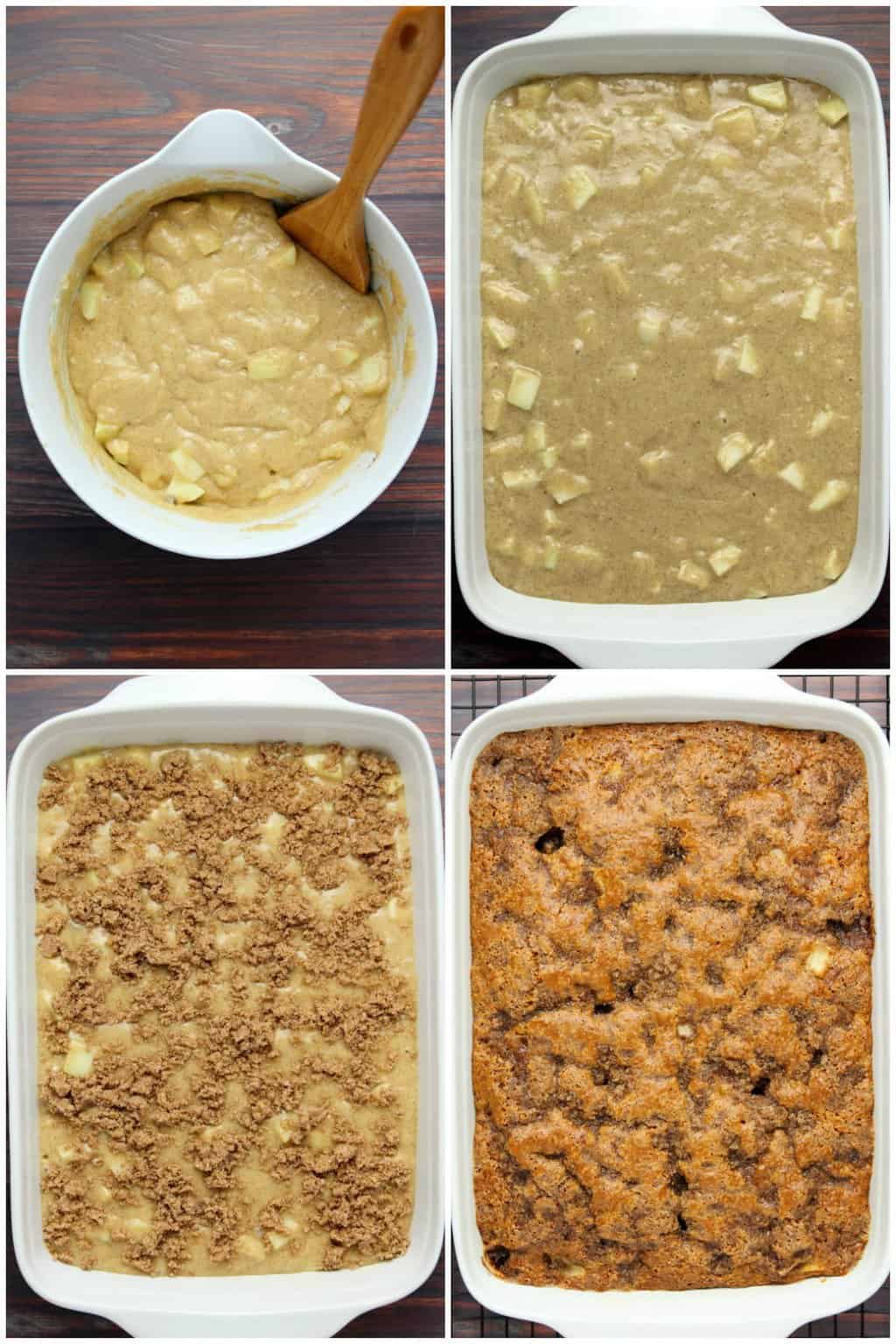 Step by step process photo collage of making vegan apple cake.