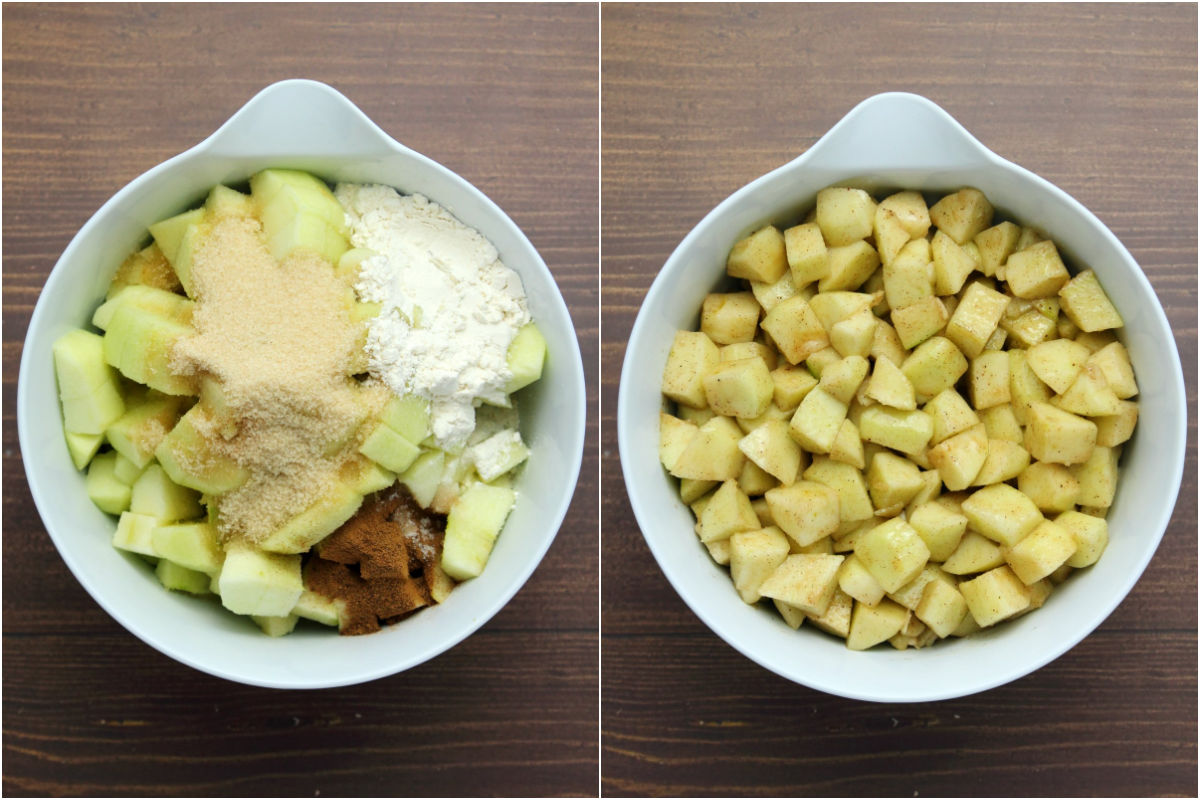 Two photo collage showing chopped apples, flour sugar and spices in a mixing bowl and then tossed together. 