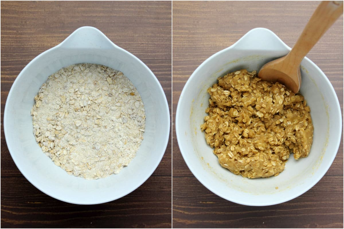 Two photo collage showing ingredients for the apple crisp topping added to a mixing bowl with melted butter and mixed together.