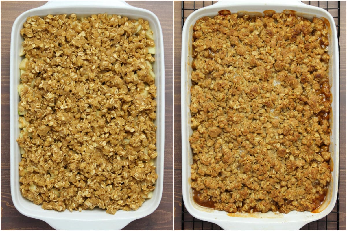 Two photo collage showing apple crisp before and after baking.