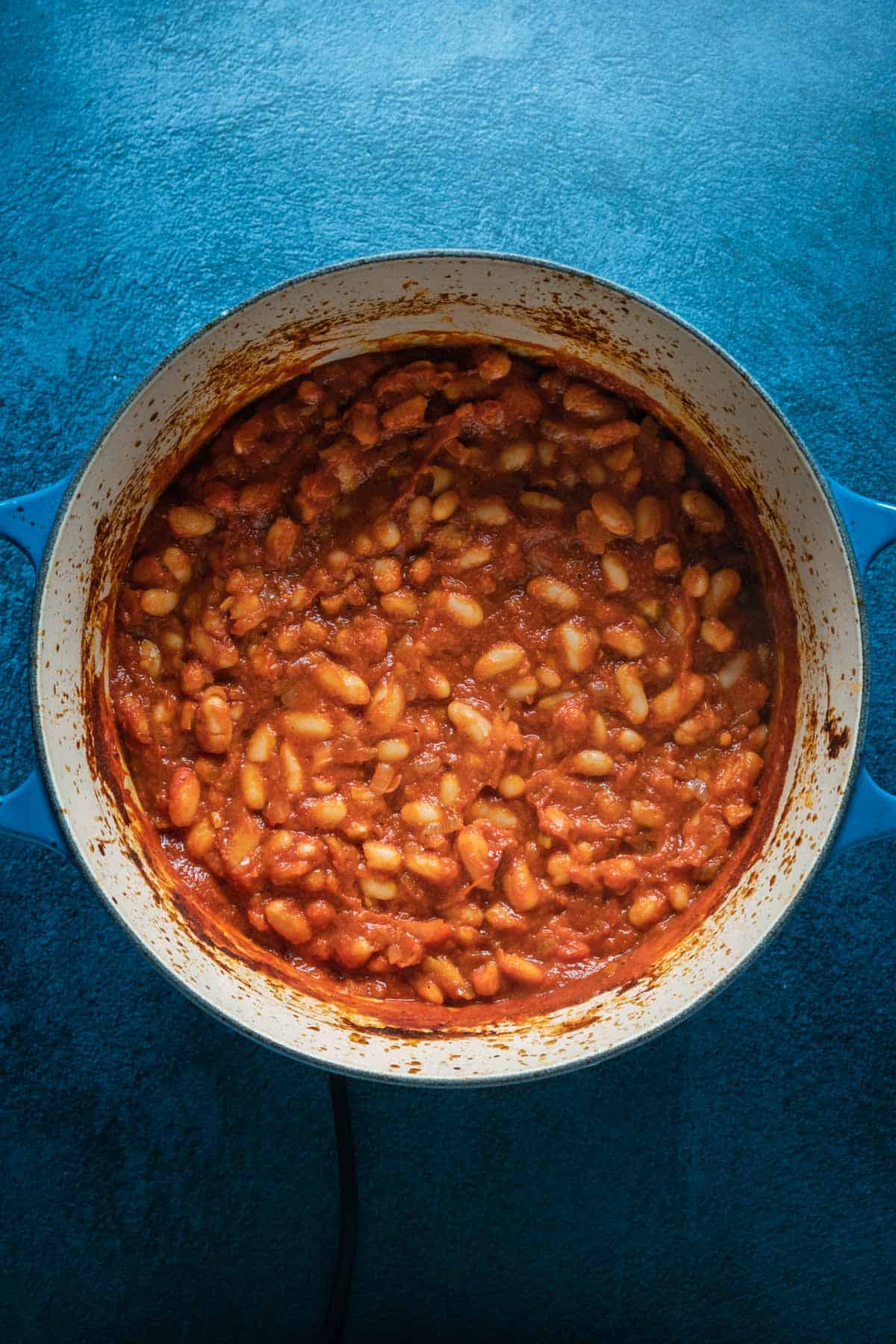 Vegan baked beans in a pot.