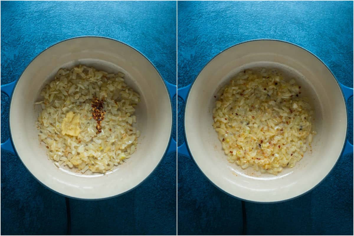 Two photo collage showing crushed garlic and red pepper flakes added to onions and sautéed.