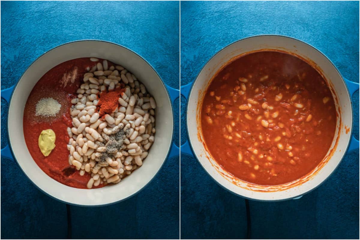Two photo collage showing ingredients for baked beans added to pot and brought to a simmer.