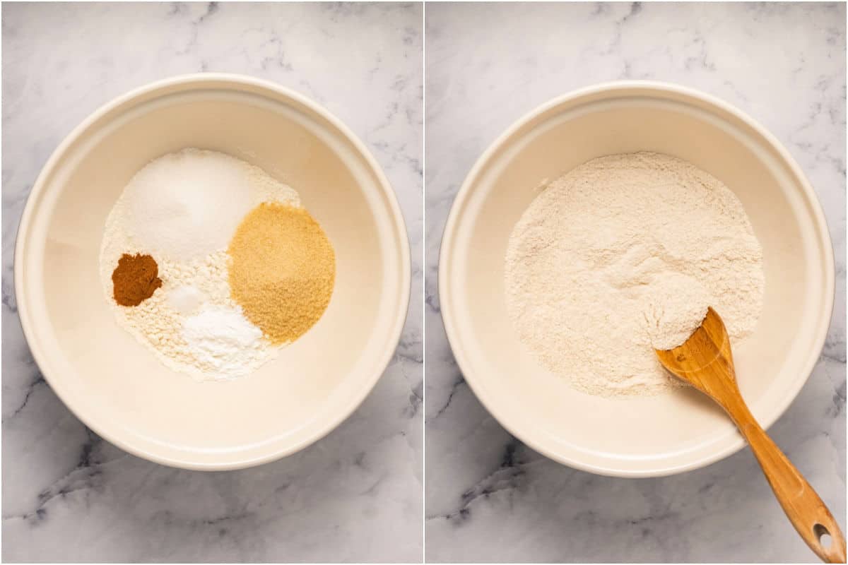 Collage of two photos showing dry ingredients in a bowl and then mixed. 