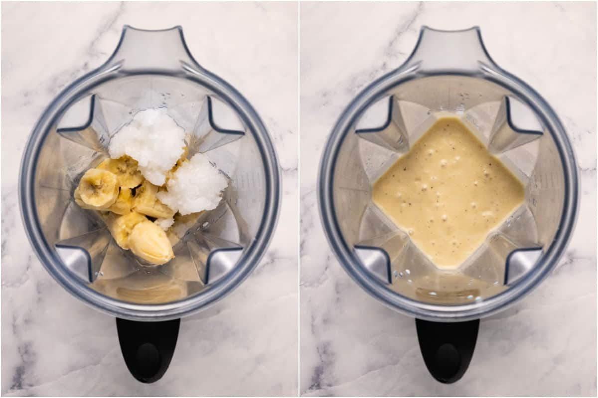 Collage of two photos showing ingredients before and after blending. 