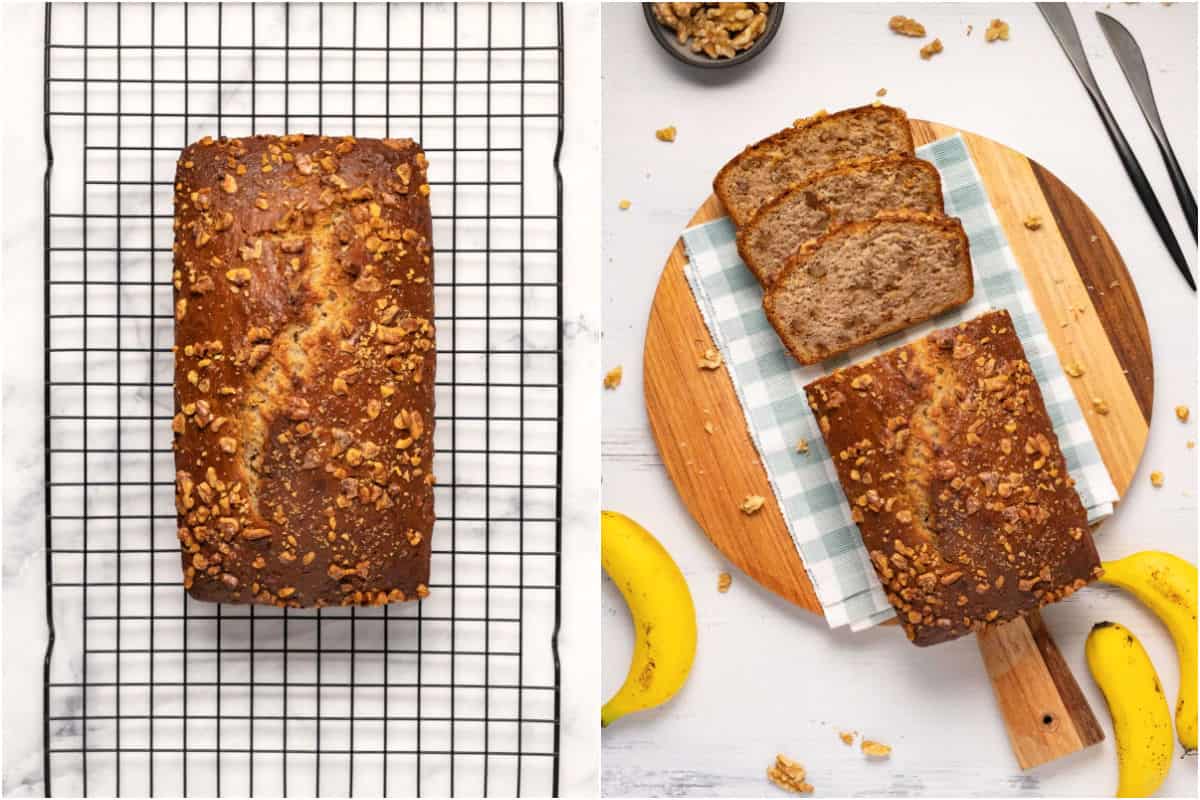 Collage of two photos showing banana bread cooling on a wire cooling rack and then sliced and ready to serve on a wooden cutting board. 