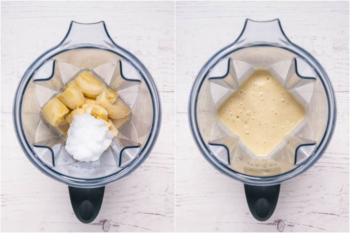 Collage of two photos showing bananas, coconut oil and soy milk added to blender jug and blended.