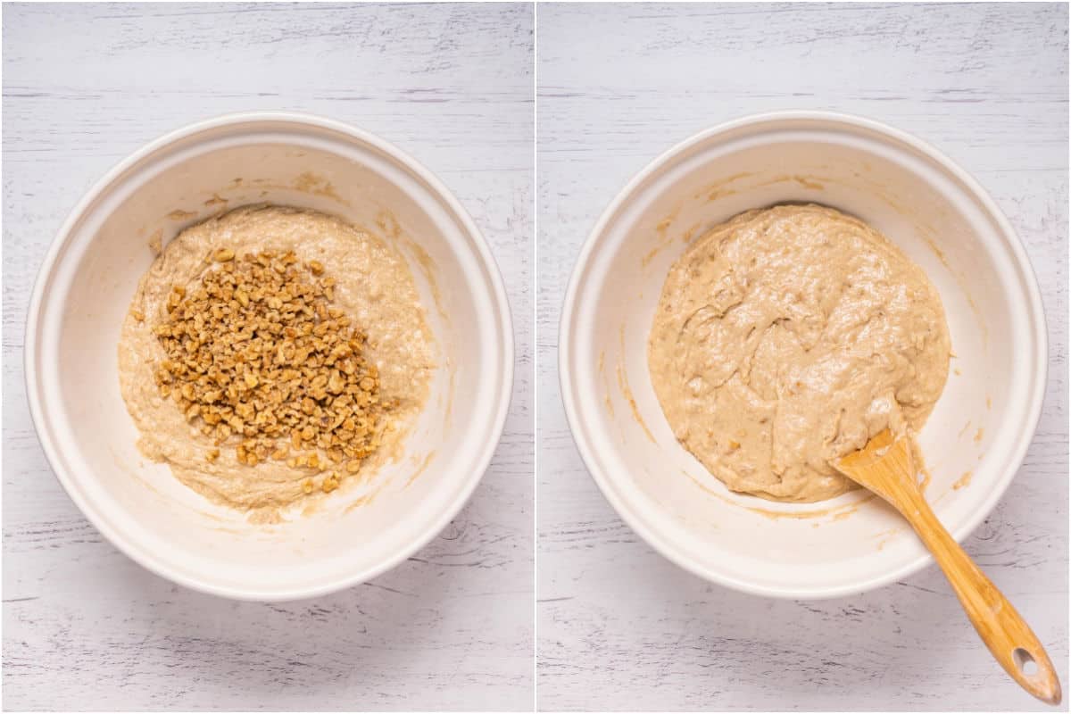 Two photo collage showing chopped walnuts added to mixing bowl and folded in.