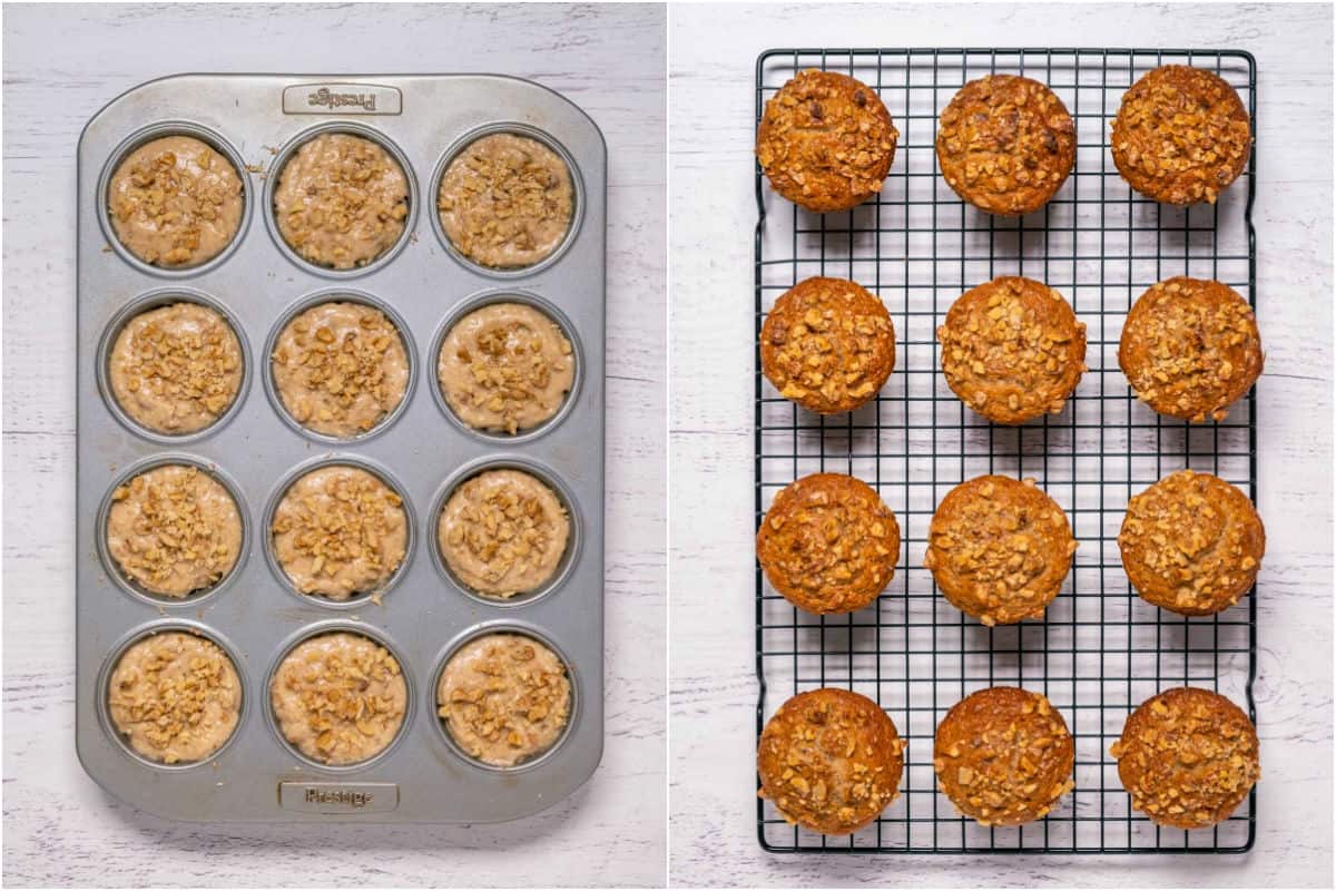 Two photo collage showing muffins before and after baking.