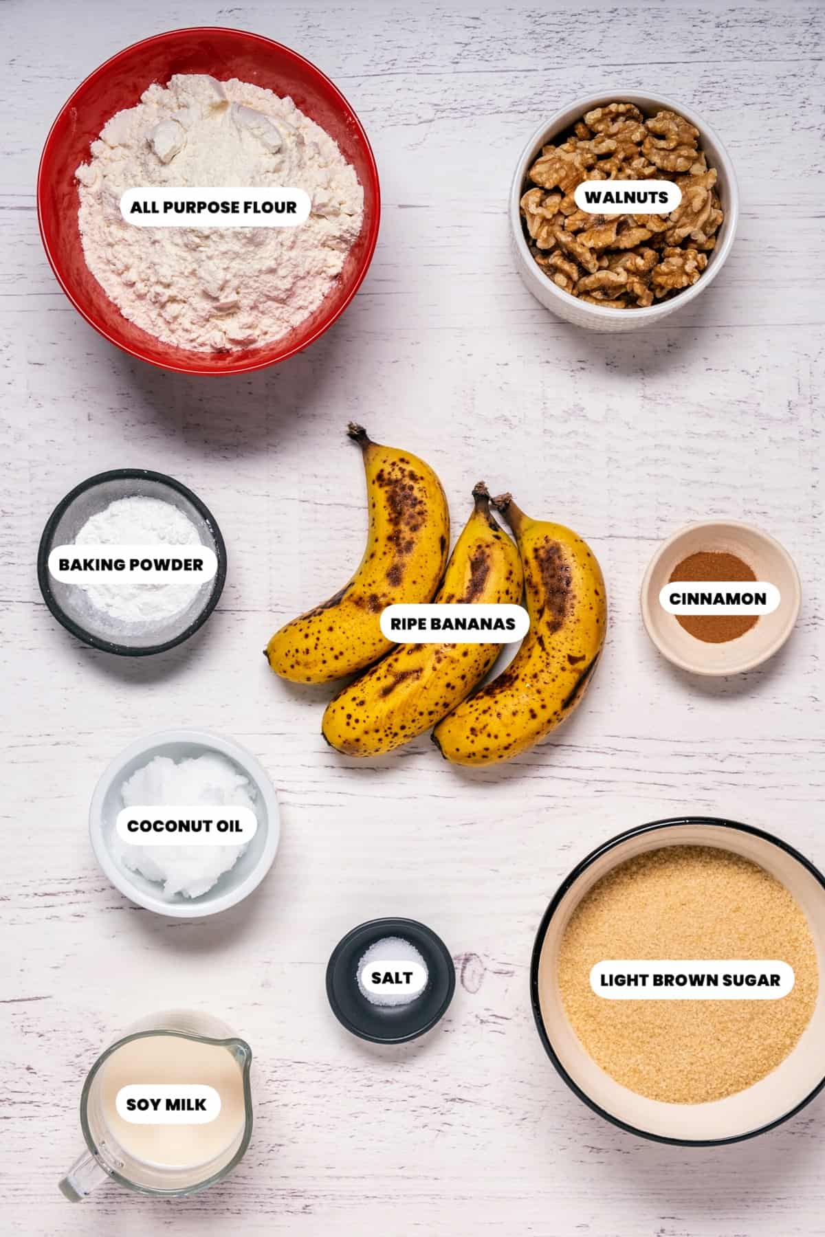 Photo of the ingredients needed to make vegan banana bread muffins.