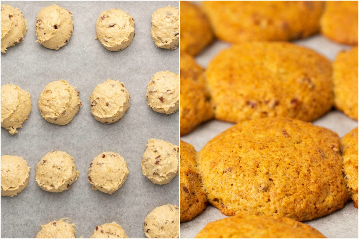 Two photo collage showing cookies on a parchment lined baking sheet before and after baking.