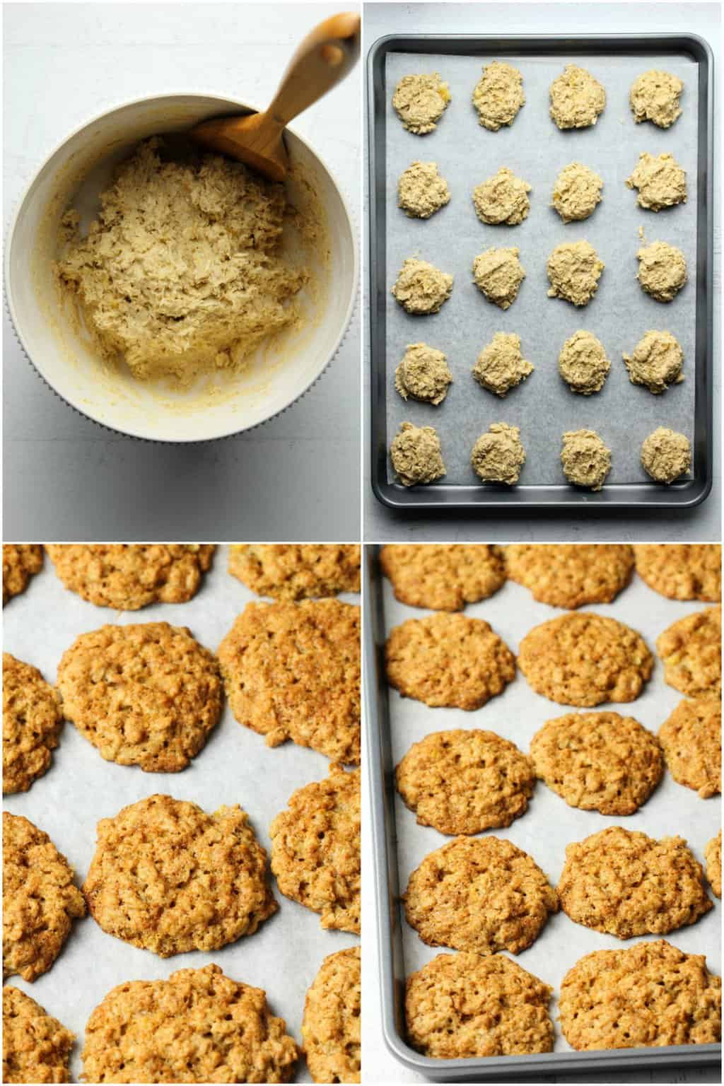 Step by step process photo collage of making vegan banana oatmeal cookies. 