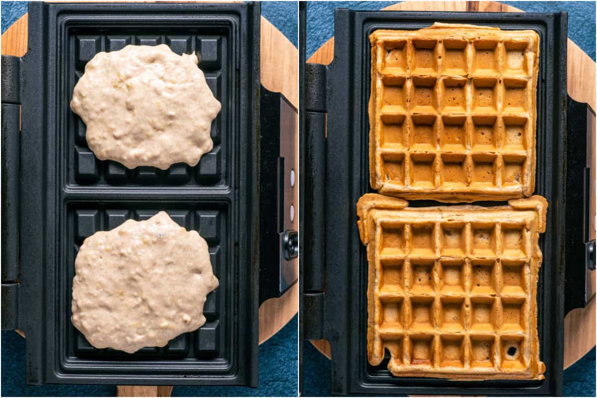 Two photo collage showing batter added to waffle maker and then the cooked waffles.