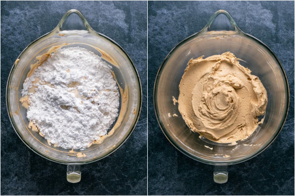 Two photo collage showing powdered sugar and soy milk added to stand mixer and whipped.