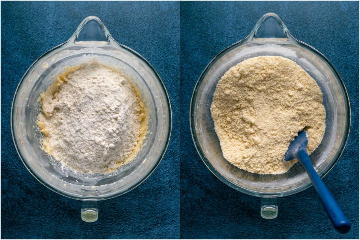 Dry ingredients added to wet and mixed in until crumbly.