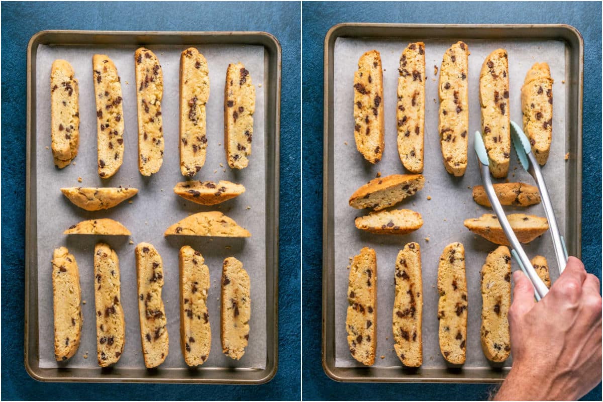Sliced biscotti on a parchment lined baking sheet and then flipping them over using tongs. 