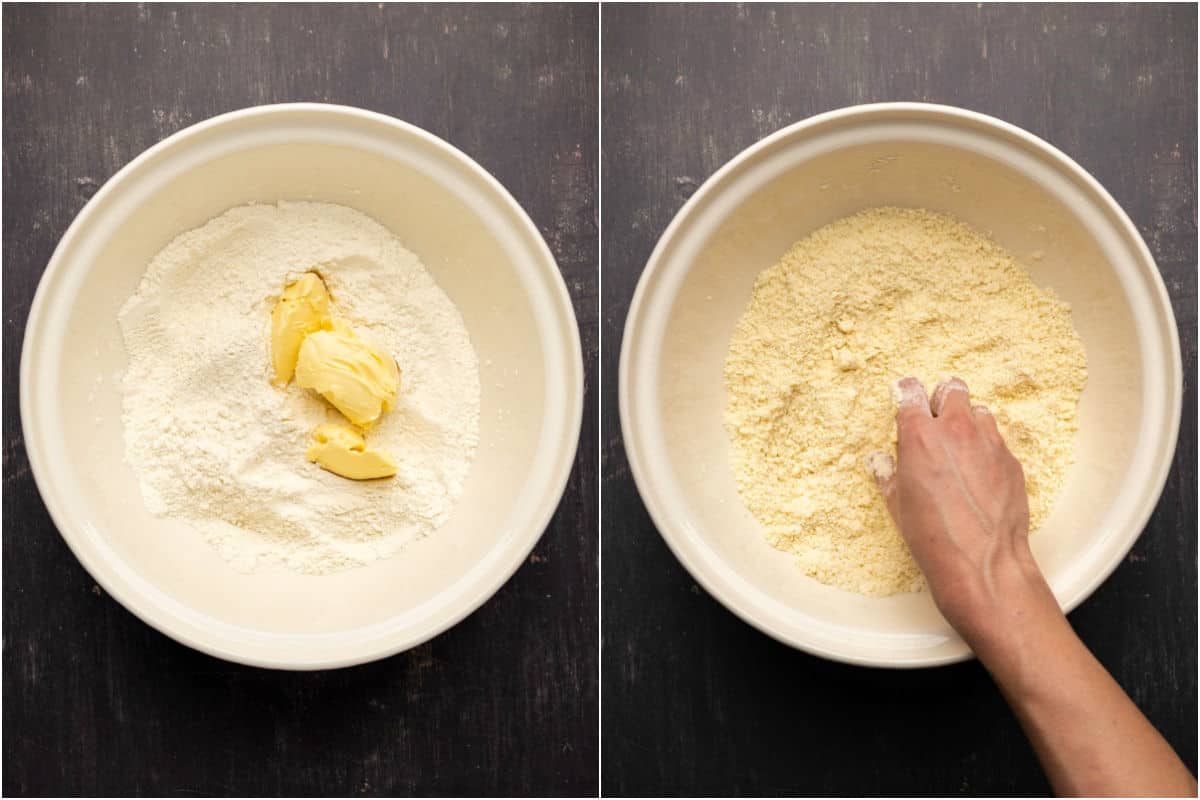 Two photo collage showing vegan butter added and mixed in by hand until crumbly.