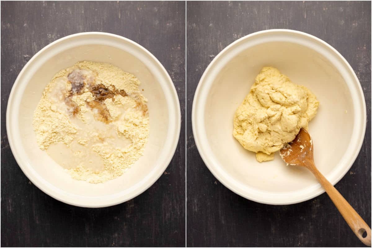 Two photo collage showing wet ingredients added and mixed into a dough.