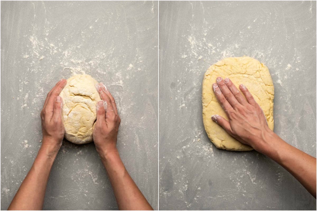 Two photo collage showing forming the dough into a round ball and then flattening it out.