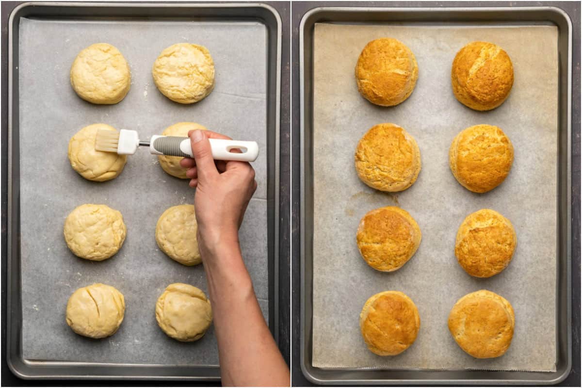 Two photo collage showing biscuits on a baking tray being brushed with soy milk and then freshly baked.