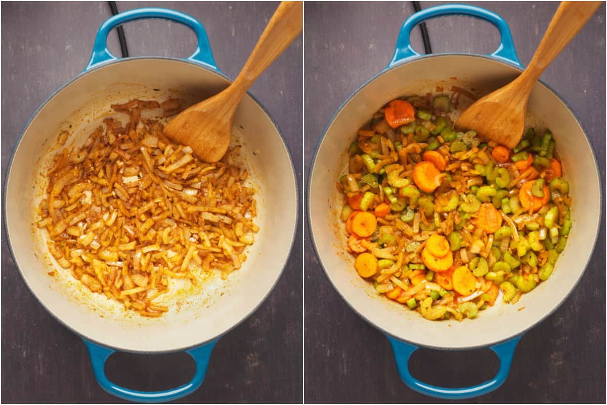 Collage of two photos showing sautéed onions and spices and mixing in carrots and celery. 