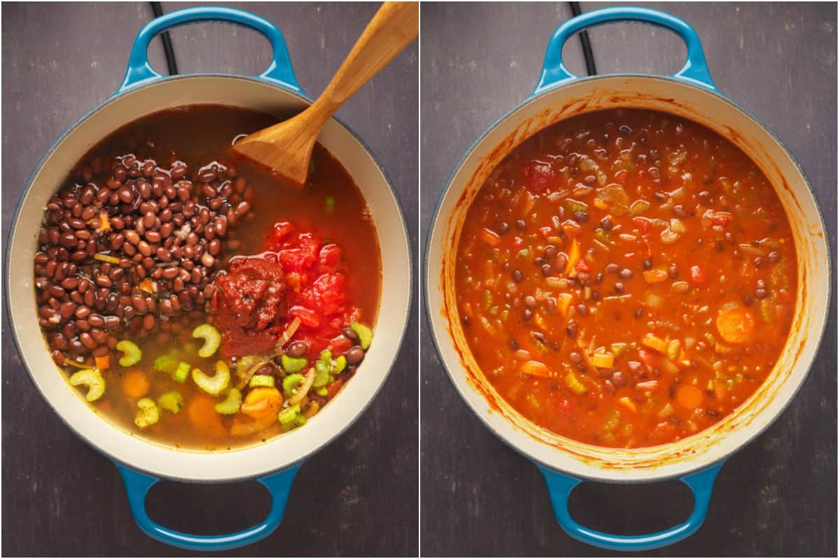 Collage of two photos showing soup cooking. 