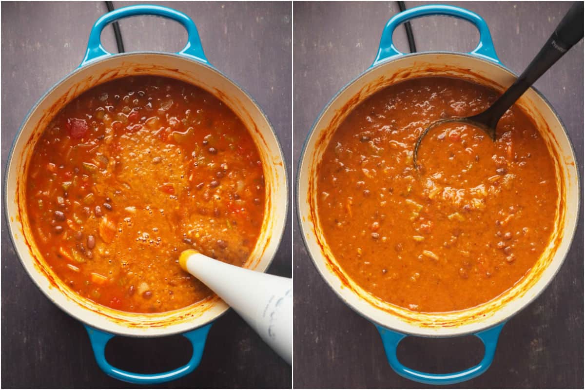 Collage of two photos showing immersion blending of soup. 