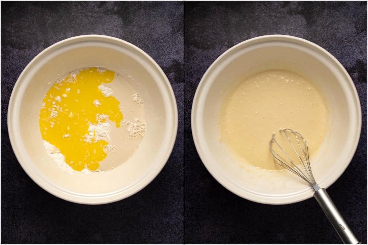 Two photo collage showing wet ingredients added to dry and mixed into a pancake batter.