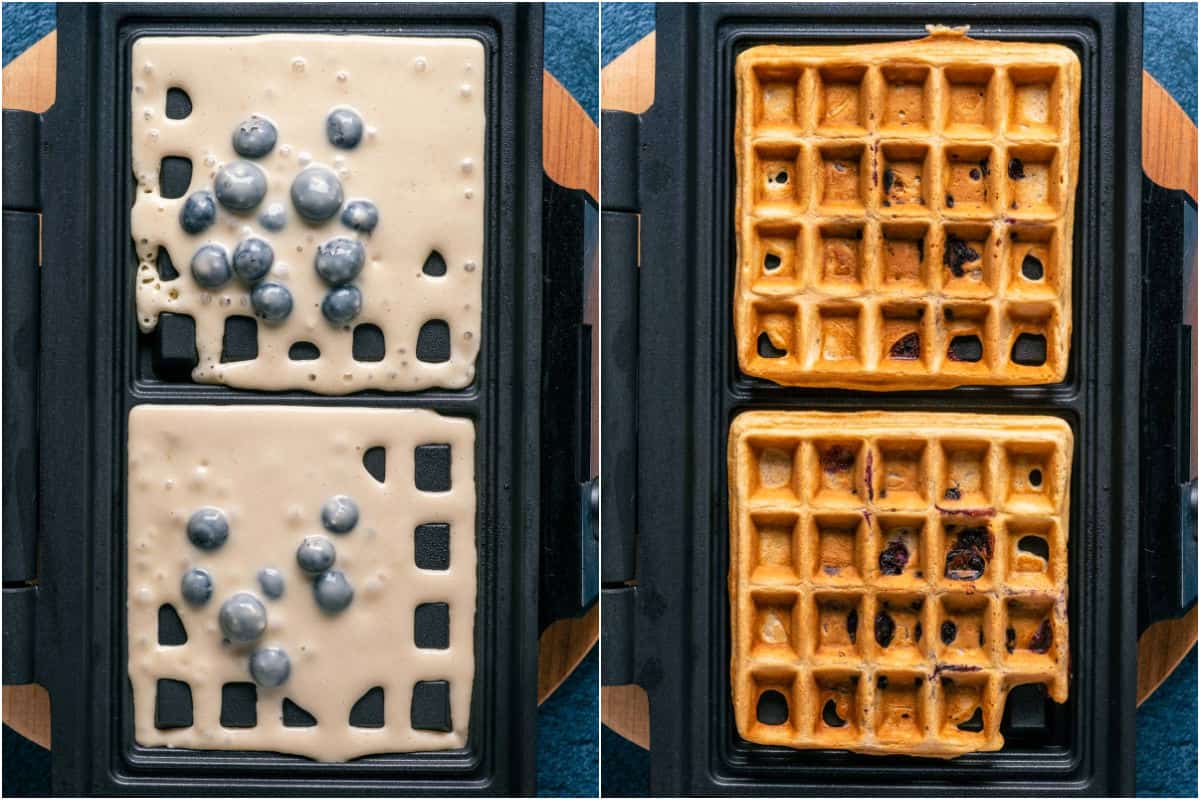 Two photo collage showing blueberry waffle batter added to waffle machine and baked into waffles.
