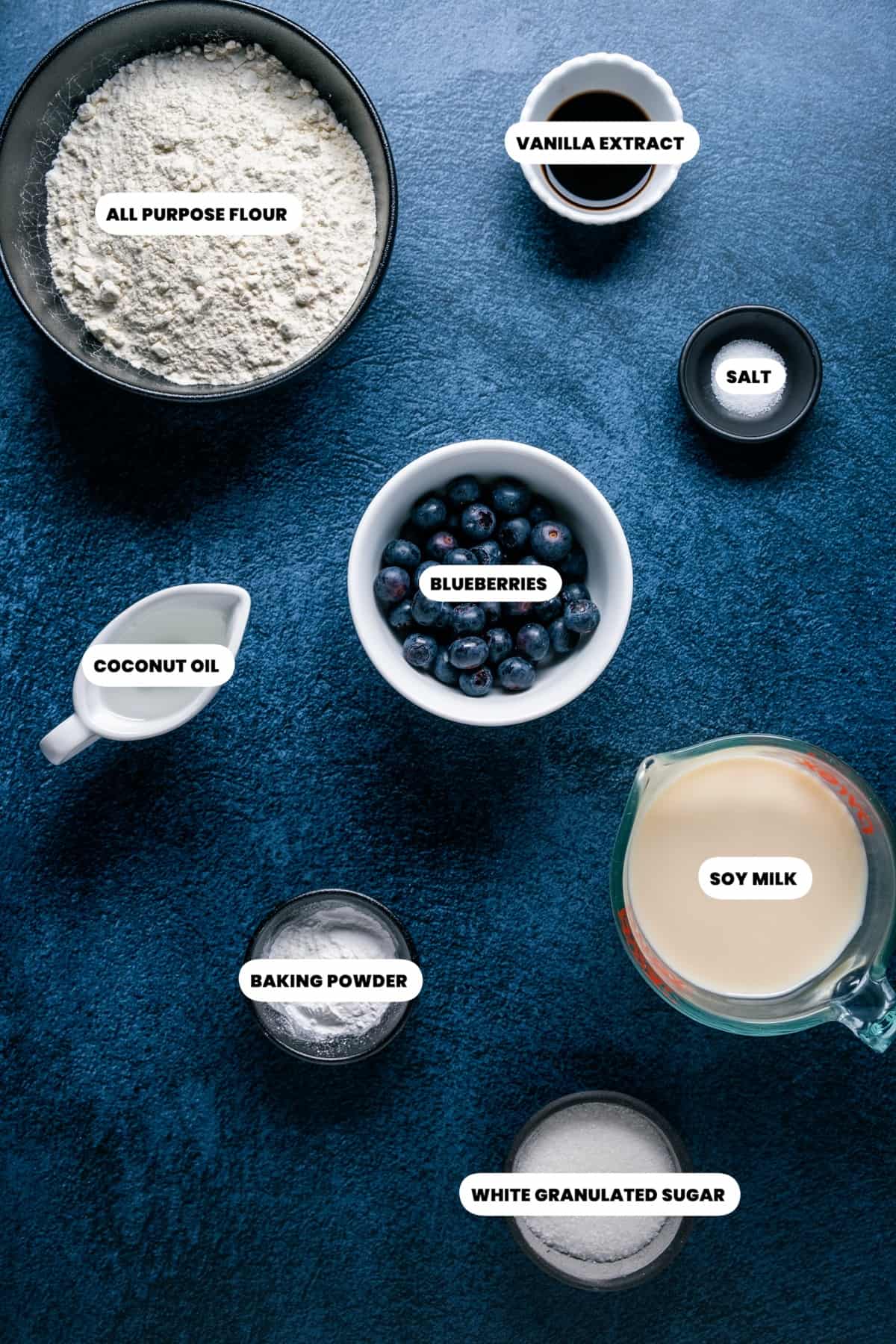 Photo of the ingredients needed to make vegan blueberry waffles.