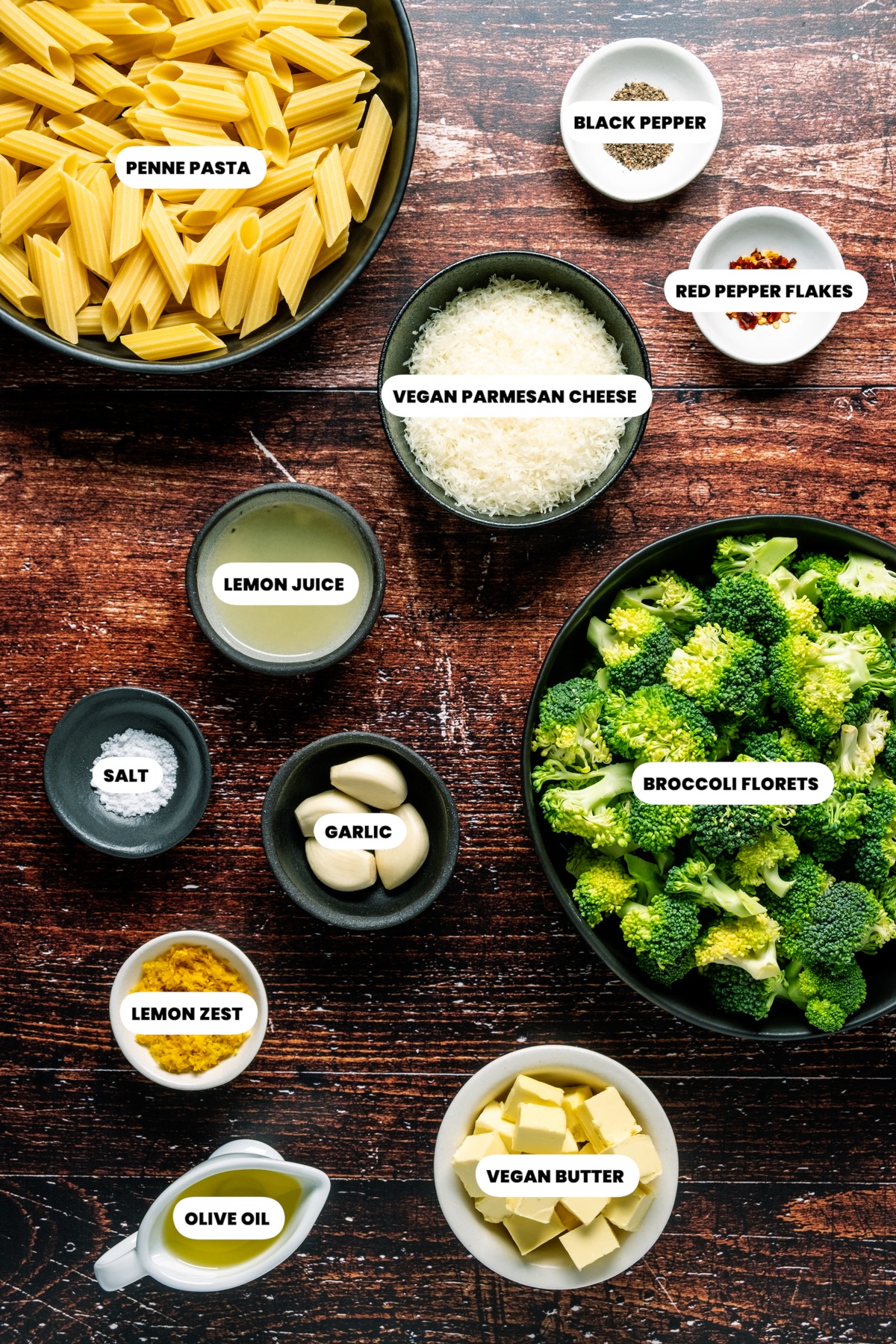 Ingredients for vegan broccoli pasta.