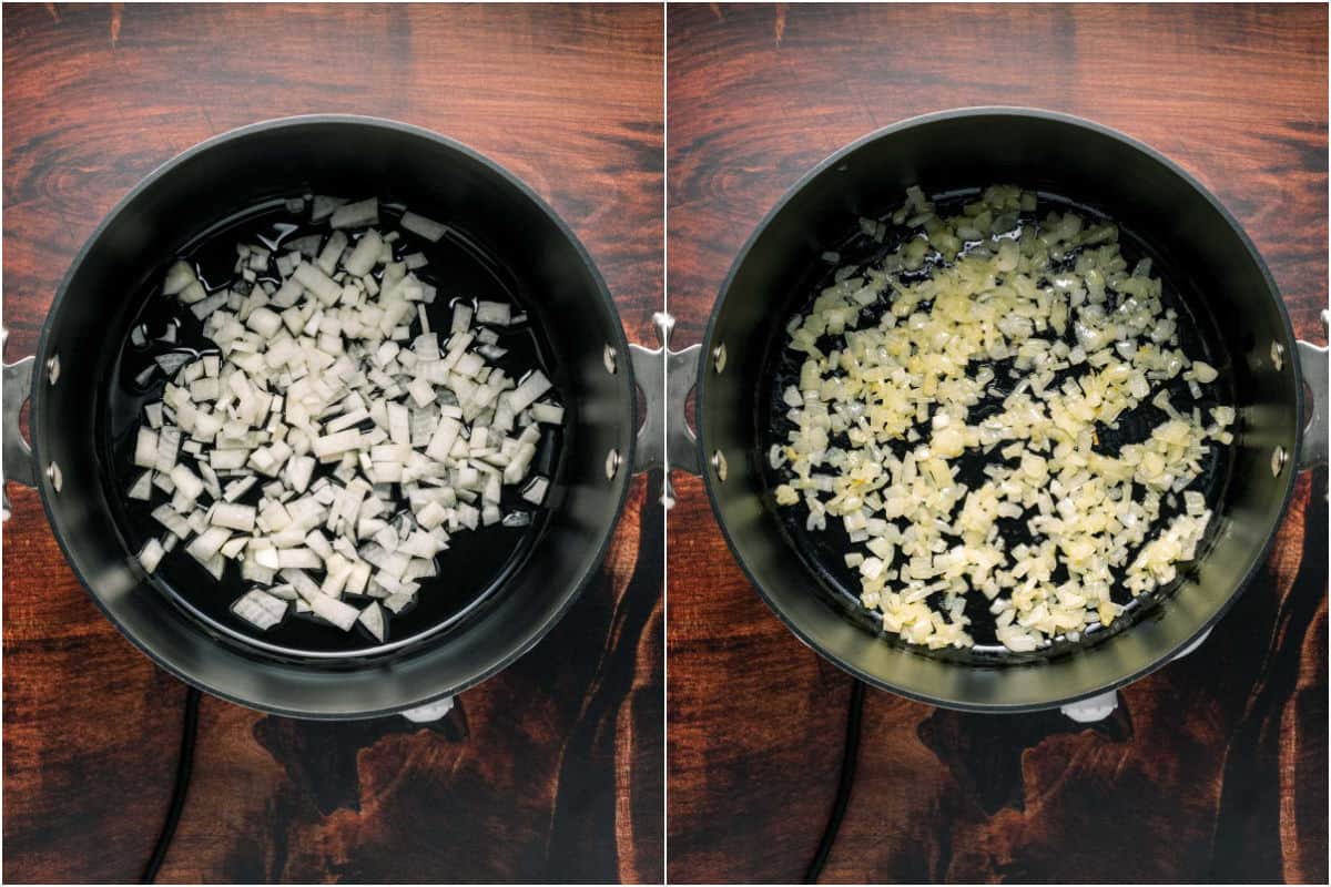 Collage of two photos showing onions and olive oil in a pot before and after sautéeing.