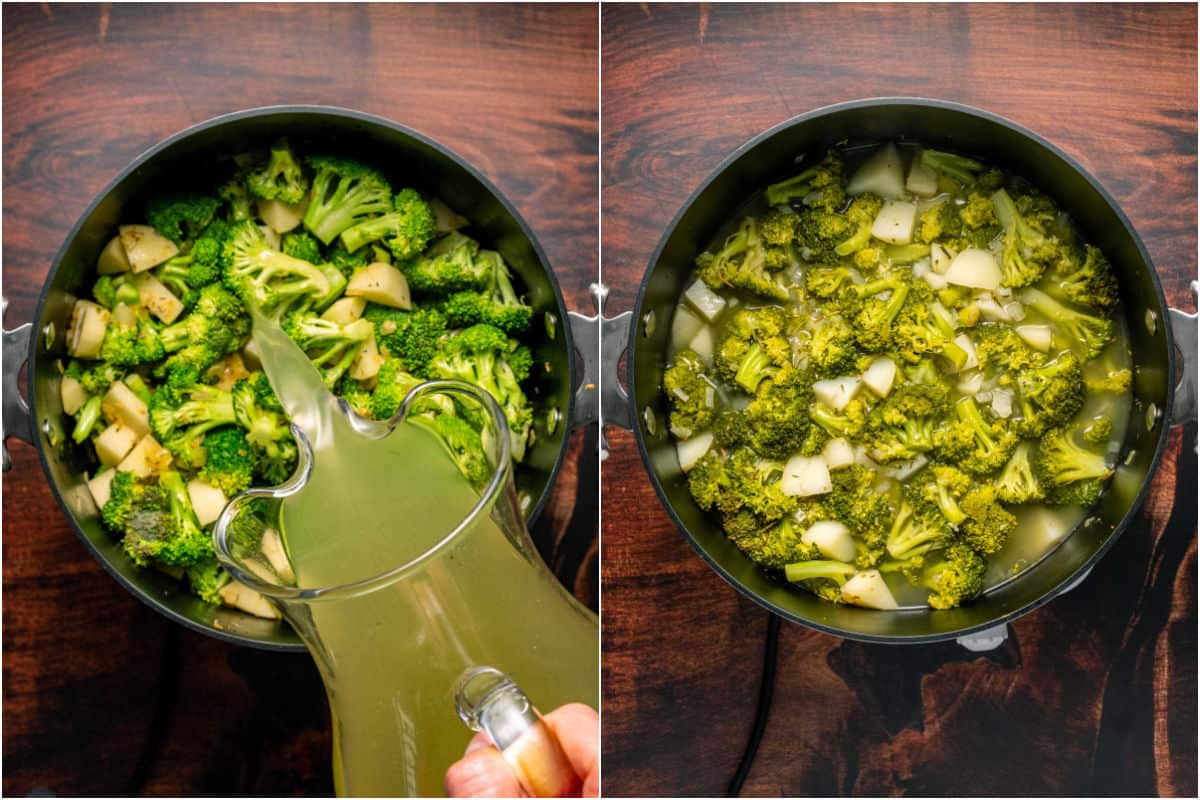 Collage of two photos showing vegetable stock added to pot, and the vegetables cooked after simmering. 