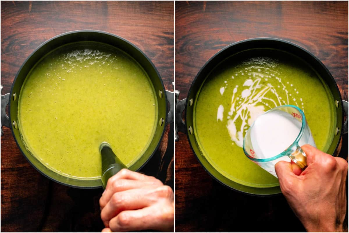 Two photo collage showing blending the soup and then adding coconut cream.