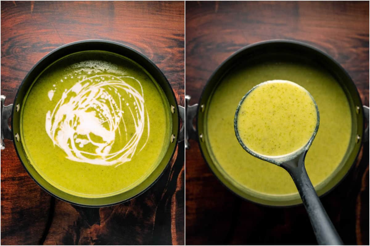 Two photo collage showing coconut cream mixed in and then a soup ladle lifting soup out of the pot.