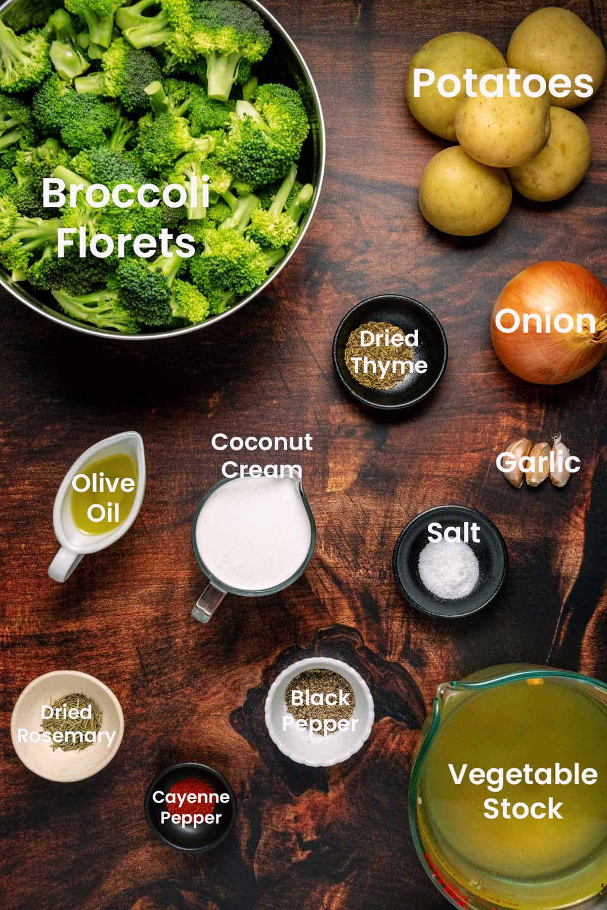 Photo of ingredients needed to make vegan broccoli soup.