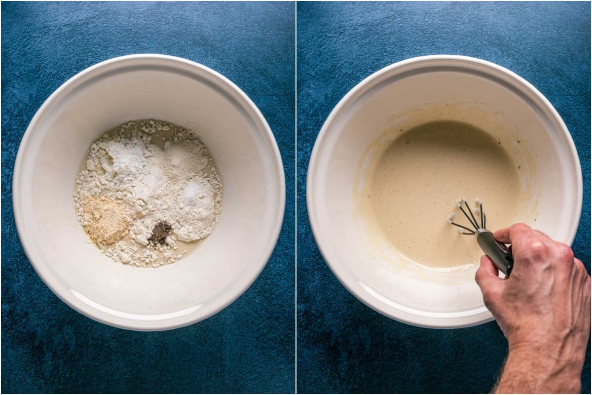 Two photo collage showing soy milk, flour, cornstarch and spices added to a bowl and whisked together.