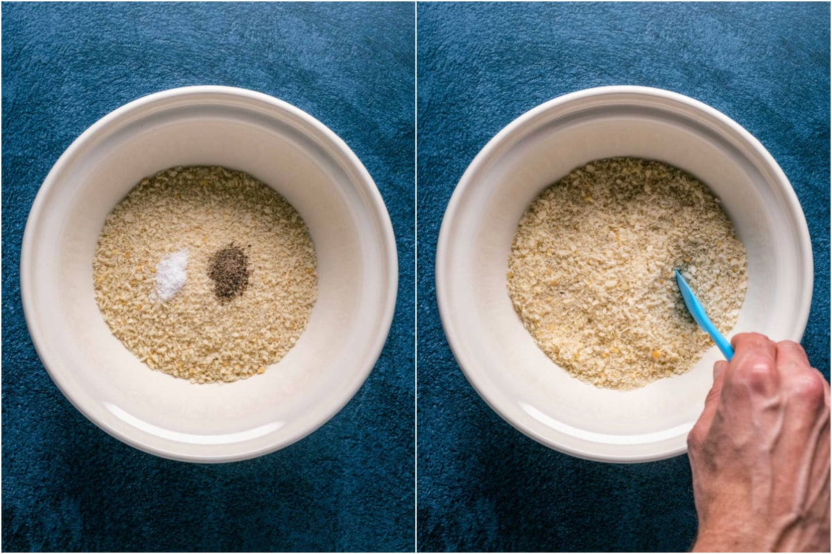 Two photo collage showing panko breadcrumbs and salt and pepper added to a bowl and mixed together.