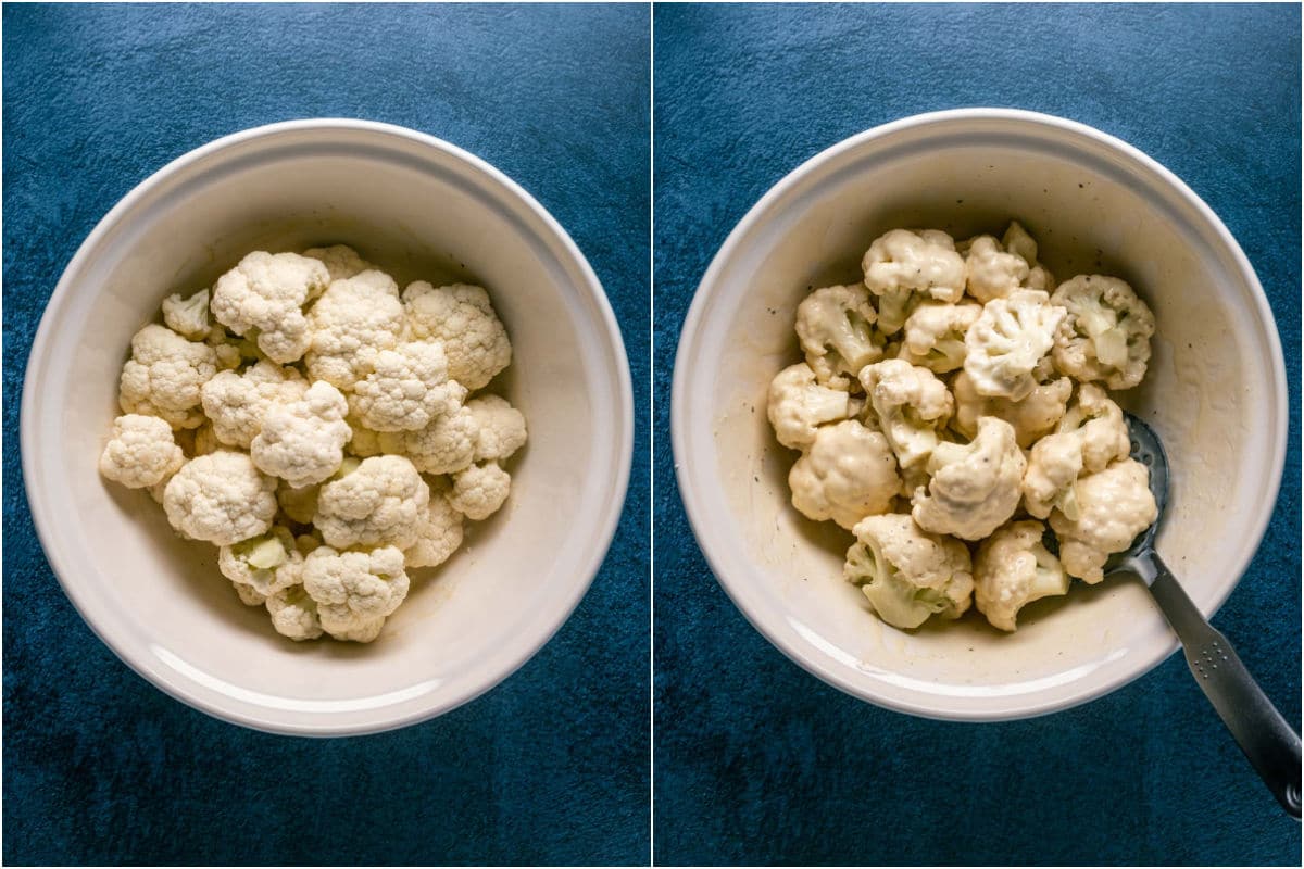 Two photo collage showing cauliflower dipped in soy milk and flour mix and tossed to coat.