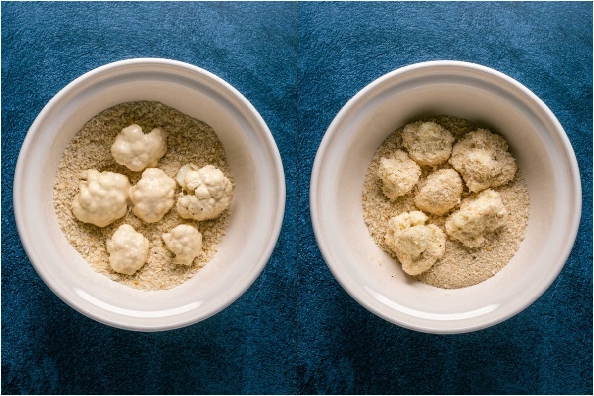 Two photo collage showing cauliflower dipped in breadcrumbs and tossed to coat.