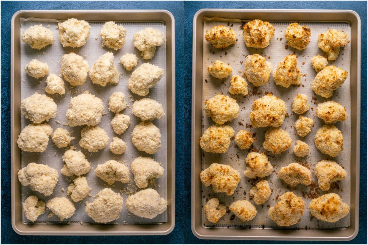 Two photo collage showing cauliflower placed onto parchment lined baking tray and then baked.