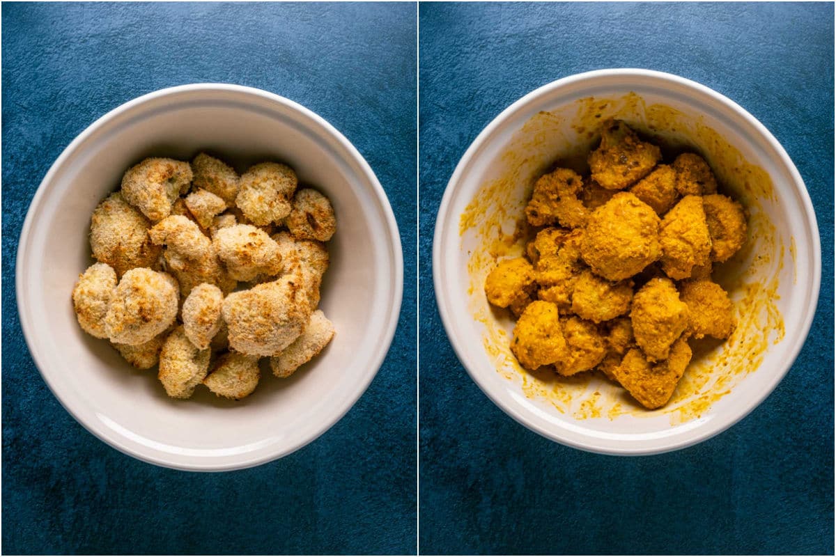 Two photo collage showing cauliflower added to bowl with buffalo sauce and tossed to coat.