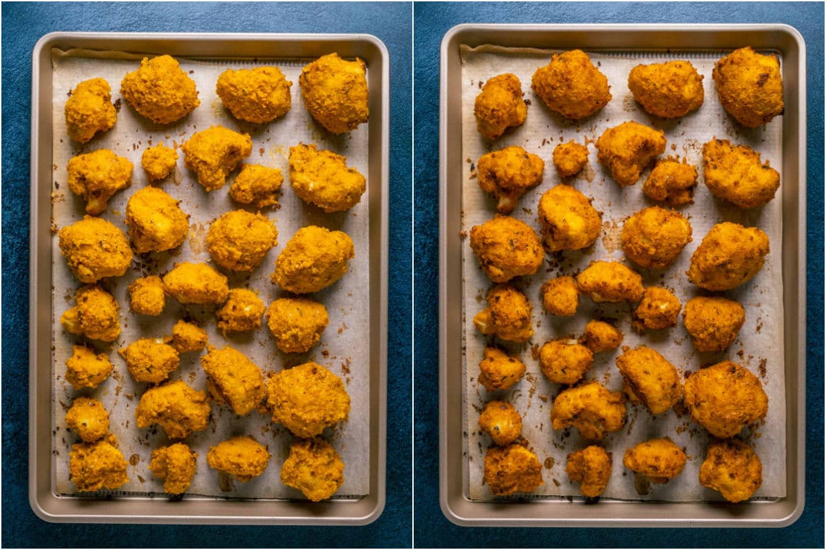 Two photo collage showing cauliflower coated in buffalo sauce on parchment lined tray and then baked.