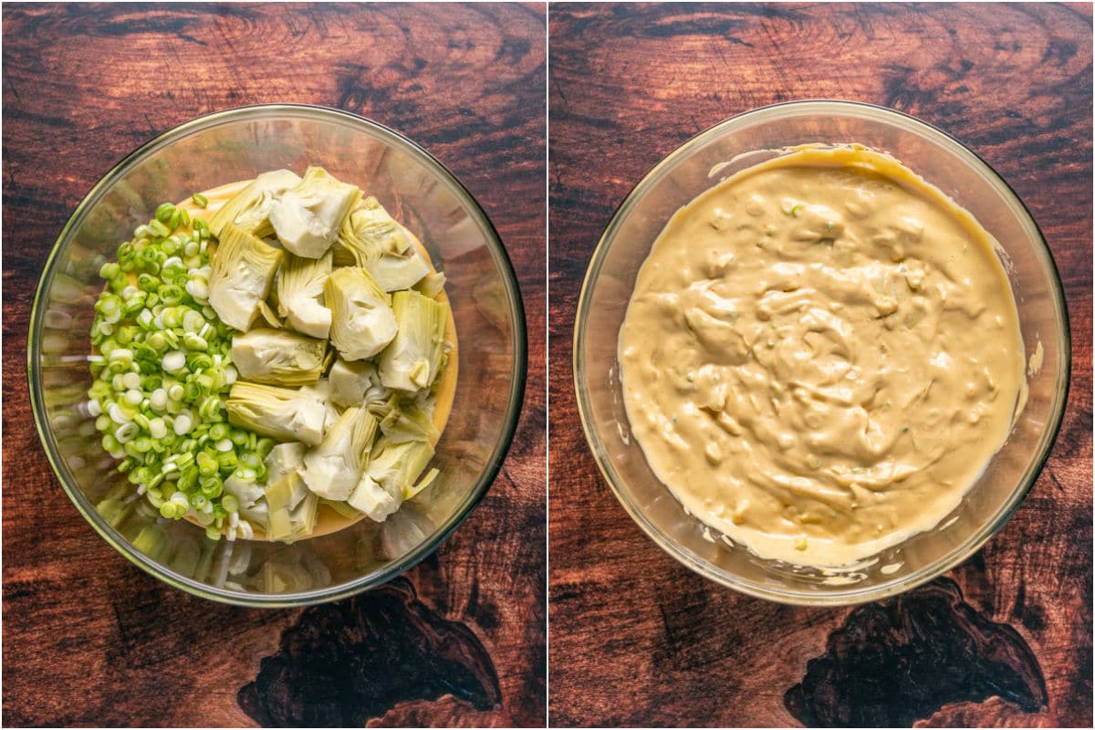 Two photo collage showing artichokes and chopped green onions added to blended sauce in bowl and mixed in.