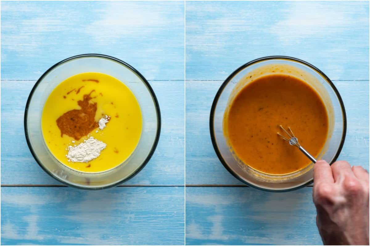 Two photo collage showing ingredients added to mixing bowl and whisked into a sauce.
