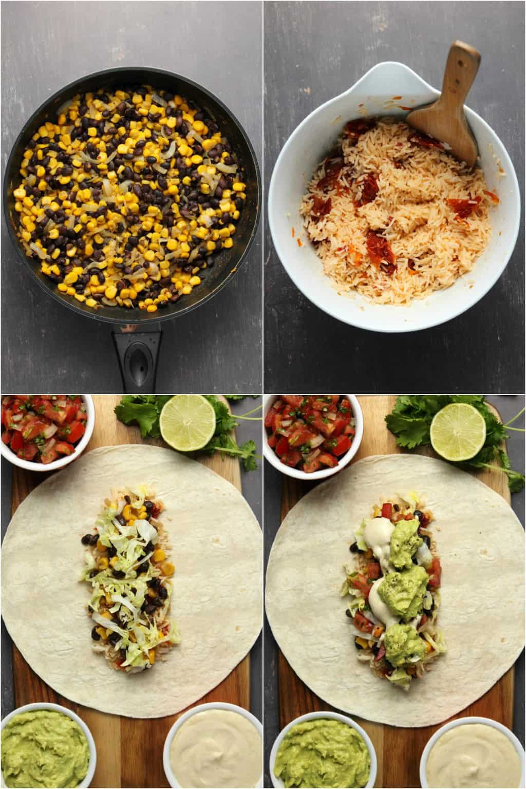 Step by step process photo collage of making vegan burritos.