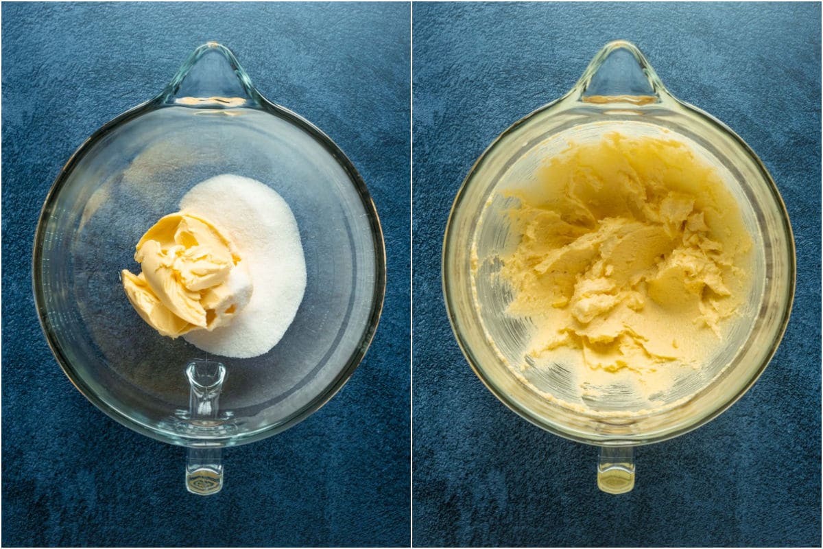 Collage of two photos showing vegan butter and sugar added to stand mixer and creamed together.