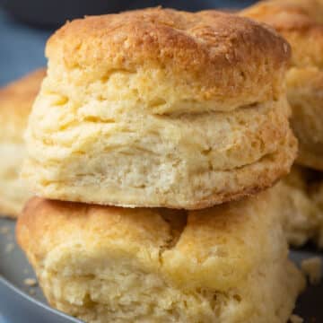Vegan buttermilk biscuits on a gray plate.