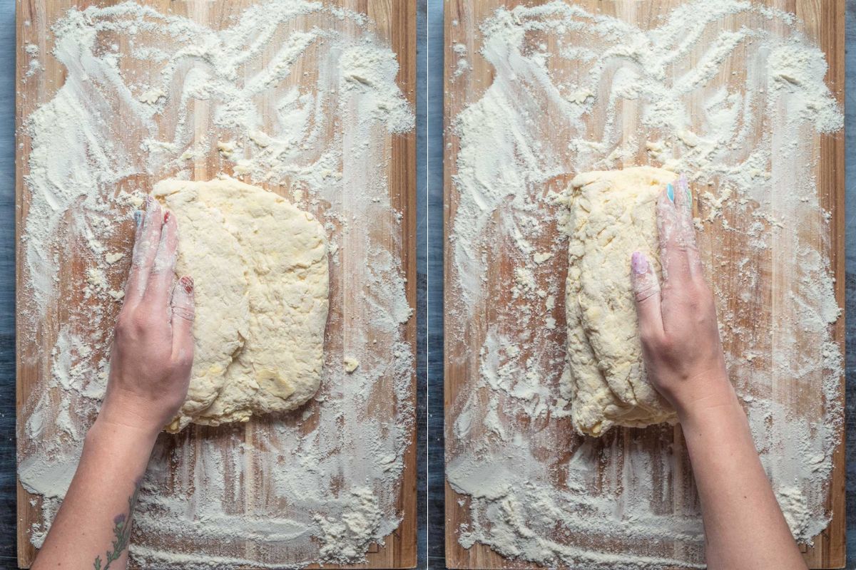 Fold dough onto itself from one side to the other. 